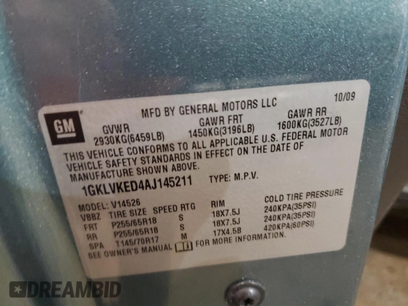 2010 GMC Acadia SL with VIN 1GKLVKED4AJ145211, listed as a Copart auction lot 84879104 with 89,592 mi miles and Clean Title. Bid and sale history available at carsss.com. Image 13.