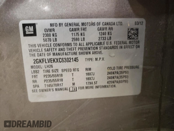 2012 GMC Terrain SLT-1 with VIN 2GKFLVEKXC6302145, listed as a Copart auction lot 70035344 with 154,618 mi miles and Non repairable. Bid and sale history available at DreamBid. Image 13.