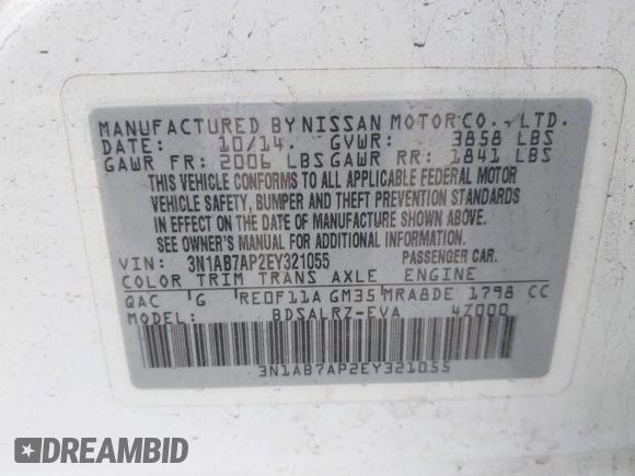 2014 Nissan Sentra S with VIN 3N1AB7AP2EY321055, listed as a IAAI auction lot 41919914 with 114,883 mi miles and . Bid and sale history available at DreamBid. Image 9.