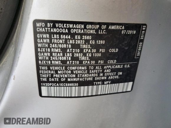 2019 Volkswagen Atlas SE with VIN 1V2DP2CA1KC586530, listed as a Copart auction lot 67574044 with 98,787 mi miles and Salvage title. Bid and sale history available at DreamBid. Image 15.