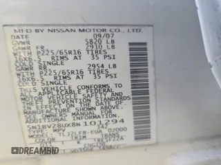 2008 Nissan Quest S with VIN 5N1BV28UX8N101294, listed as a IAAI auction lot 41824774 with Not Provided miles. Bid and sale history available at carsss.com. Image 9.