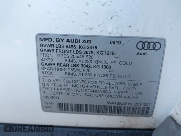 2020 Audi Q5 Premium Plus with VIN WA1BNAFY0L2014027, listed as a IAAI auction lot 41199263 with 30,430 mi miles. Bid and sale history available at carsss.com. Image 9.