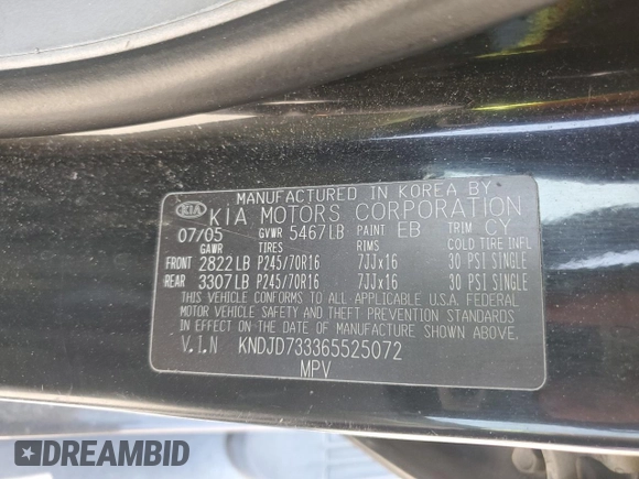 2006 Kia Sorento LX with VIN KNDJD733365525072, listed as a Copart auction lot 60260835 with 128,572 mi miles and Salvage title. Bid and sale history available at DreamBid. Image 13.