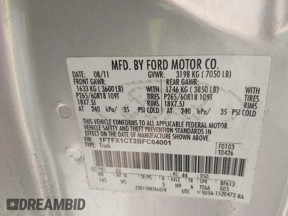 2011 Ford F-150 XL с VIN 1FTFX1CT2BFC64001, выставлен на аукционе IAAI как лот 41933533 с пробегом 127 833 миль миль и . История ставок и продаж доступна на DreamBid. Изображение 9.