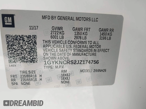 2018 Cadillac XT5 Luxury FWD with VIN 1GYKNCRS2JZ174756, listed as a IAAI auction lot 42192036 with 63,684 mi miles and . Bid and sale history available at carsss.com. Image 9.