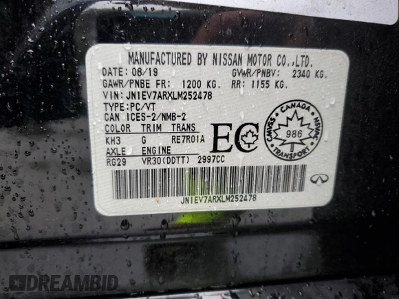 2020 Infiniti Q50 Pure with VIN JN1EV7ARXLM252478, listed as a Copart auction lot 46797865 with Not provided miles and Salvage title. Bid and sale history available at DreamBid. Image 13.
