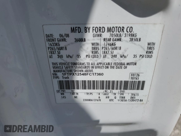 2008 Ford F-150 XL with VIN 1FTPX12548FC17360, listed as a Copart auction lot 61104765 with Not provided miles and Salvage title. Bid and sale history available at DreamBid. Image 12.