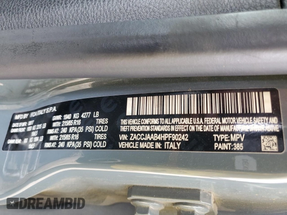 2017 Jeep Renegade Sport with VIN ZACCJAAB4HPF90242, listed as a Copart auction lot 56039145 with 84,275 mi miles and Salvage Title. Bid and sale history available at DreamBid. Image 13.