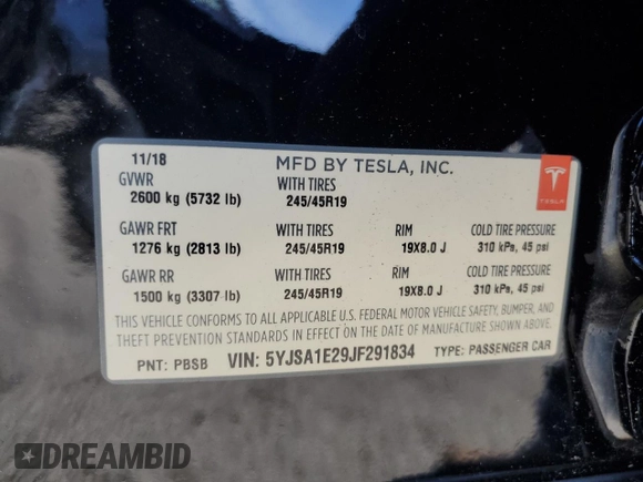 2018 Tesla Model S 75D с VIN 5YJSA1E29JF291834, выставлен на аукционе Copart как лот 55353725 с пробегом 26 871 миль миль и Списание • Salvage title. История ставок и продаж доступна на DreamBid. Изображение 12.