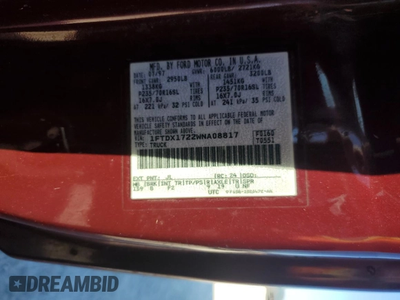 1998 Ford F-150 with VIN 1FTDX1722WNA08817, listed as a Copart auction lot 81589064 with 201,874 mi miles and Salvage title. Bid and sale history available at DreamBid. Image 14.