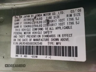 2008 Honda CR-V EX z VIN JHLRE48588C062548, wystawiony jako Copart lot #55308875 z przebiegiem 150 608 mil mil oraz Szkoda całkowita • Salvage title. Historia ofert i sprzedaży dostępna na DreamBid. Obrazek 13.