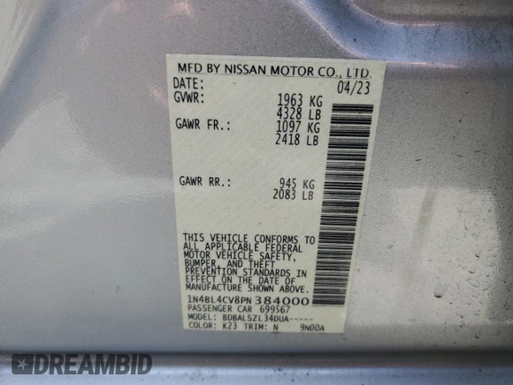 2023 Nissan Altima 2.5 SR with VIN 1N4BL4CV8PN384000, listed as a Copart auction lot 53260565 with 41,818 mi miles and Clean Title. Bid and sale history available at carsss.com. Image 12.