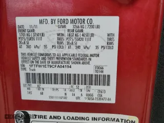 2012 Ford F-150 XL with VIN 1FTFW1ET9CFA04194, listed as a Copart auction lot 85291154 with 134,107 mi miles and Clean Title. Bid and sale history available at carsss.com. Image 12.