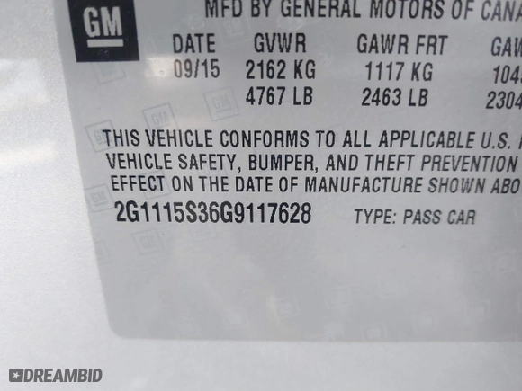 2016 Chevrolet Impala LT with VIN 2G1115S36G9117628, listed as a IAAI auction lot 41260452 with 135,105 mi miles. Bid and sale history available at carsss.com. Image 9.
