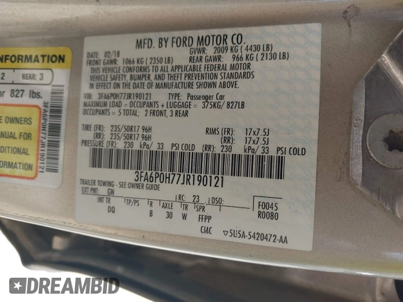 2018 Ford Fusion SE with VIN 3FA6P0H77JR190121, listed as a IAAI auction lot 41866610 with 156,553 mi miles. Bid and sale history available at carsss.com. Image 9.