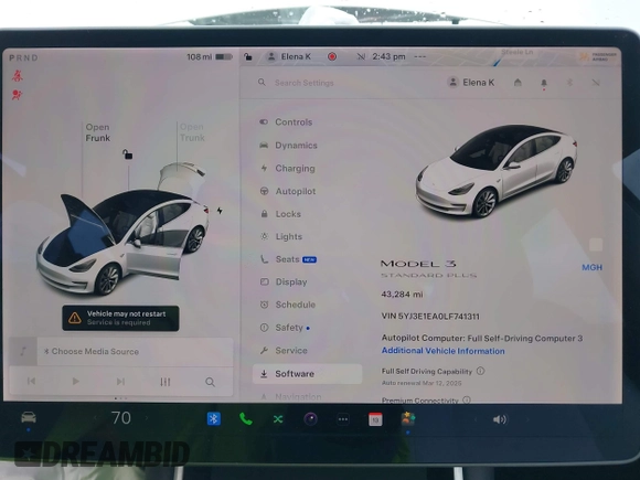 2020 Tesla Model 3 Standard Range Plus with VIN 5YJ3E1EA0LF741311, listed as a IAAI auction lot 41581931 with 43,284 mi miles. Bid and sale history available at carsss.com. Image 7.