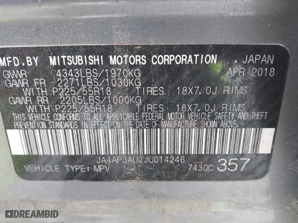 2018 Mitsubishi Outlander Sport ES 2.0 with VIN JA4AP3AU2JU014246, listed as a IAAI auction lot 41045371 with 129,846 mi miles. Bid and sale history available at carsss.com. Image 9.
