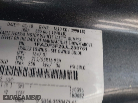 2018 Ford Focus SE with VIN 1FADP3F29JL288761, listed as a IAAI auction lot 42290510 with 93,463 mi miles and . Bid and sale history available at DreamBid. Image 9.