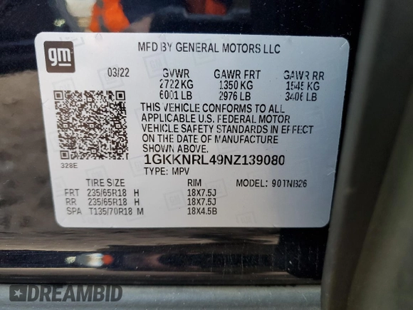 2022 GMC Acadia SLE z VIN 1GKKNRL49NZ139080, wystawiony jako Copart lot #80719244 z przebiegiem 41 666 mil mil oraz Szkoda całkowita • Salvage title. Historia ofert i sprzedaży dostępna na DreamBid. Obrazek 15.