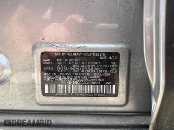 2012 Subaru Outback Prem with VIN 4S4BRCCC0C3290681, listed as a Copart auction lot 66015485 with 162,943 mi miles and Clean title. Bid and sale history available at DreamBid. Image 10.
