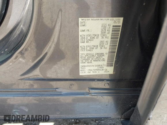 2015 Nissan Titan SV z VIN 1N6BA0ED5FN508975, wystawiony jako IAAI lot #42032737 z przebiegiem 97 432 mil mil oraz . Historia ofert i sprzedaży dostępna na DreamBid. Obrazek 9.