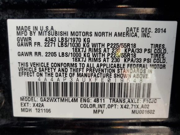 2015 Mitsubishi Outlander Sport ES with VIN 4A4AP3AUXFE019548, listed as a Copart auction lot 85519984 with 157,121 mi miles and Salvage Title. Bid and sale history available at carsss.com. Image 12.