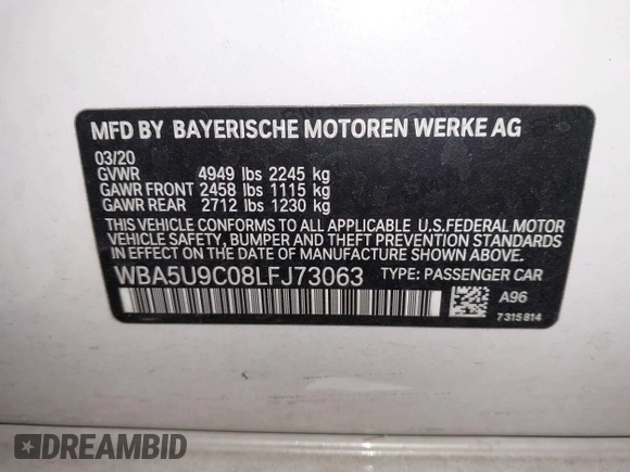 2020 BMW 3 Series M340i xDrive with VIN WBA5U9C08LFJ73063, listed as a IAAI auction lot 41513641 with 52,431 mi miles and . Bid and sale history available at DreamBid. Image 9.