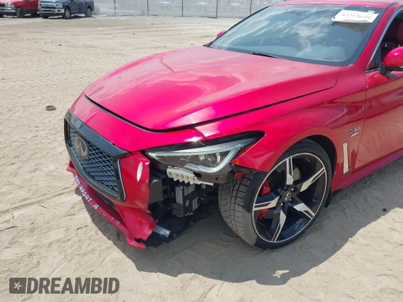 2018 Infiniti Q60 Red Sport 400 with VIN JN1FV7EL9JM630801, listed as a IAAI auction lot 42213699 with 76,759 mi miles and . Bid and sale history available at DreamBid. Image 6.