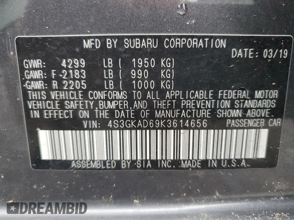 2019 Subaru Impreza Premium with VIN 4S3GKAD69K3614656, listed as a Copart auction lot 57871565 with 113,192 mi miles and Salvage title. Bid and sale history available at DreamBid. Image 12.
