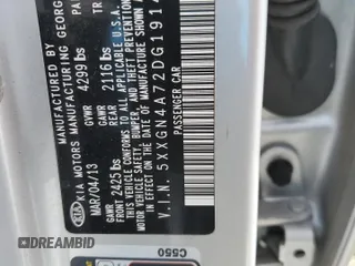 2013 Kia Optima EX z VIN 5XXGN4A72DG191461, wystawiony jako Copart lot #54978215 z przebiegiem Nie podano mil oraz Szkoda całkowita • Salvage title. Historia ofert i sprzedaży dostępna na DreamBid. Obrazek 13.