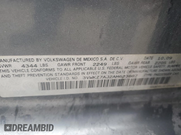 2010 Volkswagen Jetta S with VIN 3VWKZ7AJ2AM623887, listed as a Copart auction lot 84193724 with 148,275 mi miles and Salvage title. Bid and sale history available at DreamBid. Image 12.