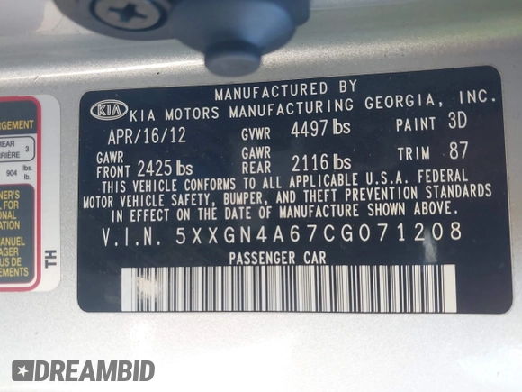 2012 Kia Optima EX with VIN 5XXGN4A67CG071208, listed as a IAAI auction lot 41302757 with 99,209 mi miles and . Bid and sale history available at carsss.com. Image 9.