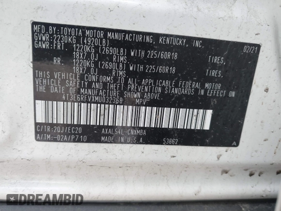 2021 Toyota RAV4 Hybrid XSE with VIN 4T3E6RFVXMU032368, listed as a IAAI auction lot 41358963 with 69,337 mi miles and . Bid and sale history available at DreamBid. Image 9.
