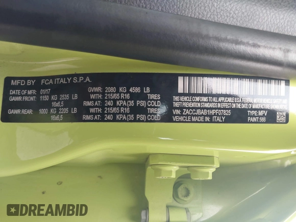 2017 Jeep Renegade Sport with VIN ZACCJBAB1HPF07825, listed as a IAAI auction lot 42675114 with 137,793 mi miles and . Bid and sale history available at DreamBid. Image 9.