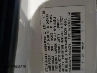 2010 Acura TSX with VIN JH4CU2F61AC018059, listed as a Copart auction lot 62791295 with 165,154 mi miles and Salvage title. Bid and sale history available at DreamBid. Image 12.