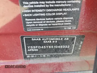 2005 Saab 9-3 z VIN YS3FD45Y651049332, wystawiony jako Copart lot #53688645 z przebiegiem 168 591 mil mil oraz Szkoda całkowita • Salvage title. Historia ofert i sprzedaży dostępna na DreamBid. Obrazek 12.