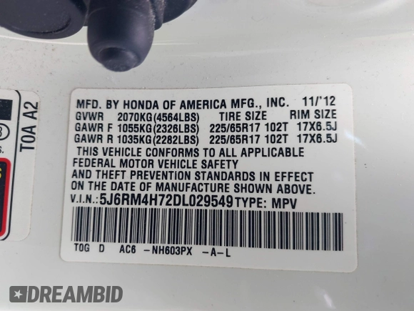 2013 Honda CR-V EX-L with VIN 5J6RM4H72DL029549, listed as a IAAI auction lot 42166574 with 183,689 mi miles. Bid and sale history available at carsss.com. Image 9.