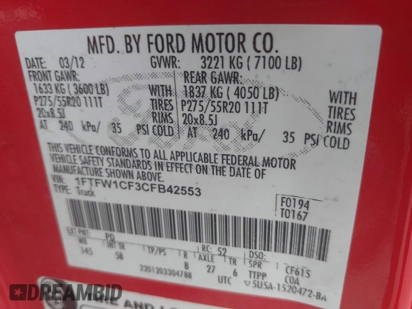 2012 Ford F-150 XL with VIN 1FTFW1CF3CFB42553, listed as a IAAI auction lot 41904608 with 303,617 mi miles. Bid and sale history available at carsss.com. Image 9.