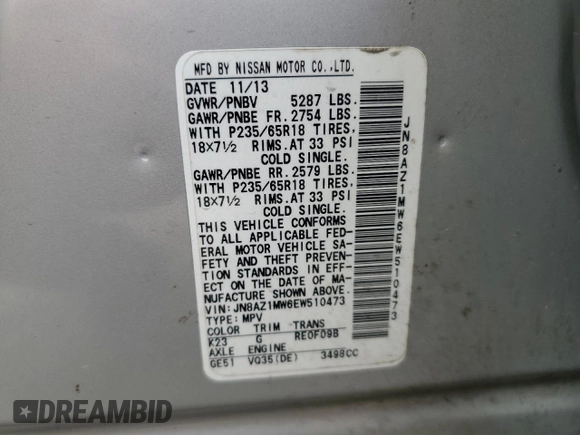 2014 Nissan Murano LE with VIN JN8AZ1MW6EW510473, listed as a Copart auction lot 60389974 with 105,038 mi miles and Salvage Title. Bid and sale history available at carsss.com. Image 13.