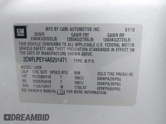 2010 Chevrolet Equinox LT w/2LT with VIN 2CNFLPEY4A6291471, listed as a IAAI auction lot 41930941 with 158,806 mi miles. Bid and sale history available at carsss.com. Image 9.