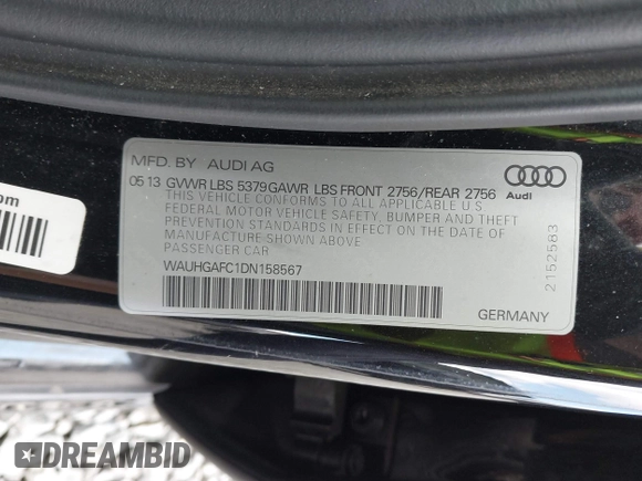 2013 Audi A6 Prestige with VIN WAUHGAFC1DN158567, listed as a IAAI auction lot 42327012 with 145,942 mi miles and . Bid and sale history available at DreamBid. Image 9.