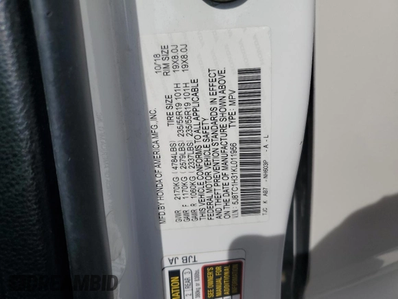 2019 Acura RDX with VIN 5J8TC1H31KL011956, listed as a Copart auction lot 60282905 with 148,946 mi miles and Salvage title. Bid and sale history available at DreamBid. Image 13.