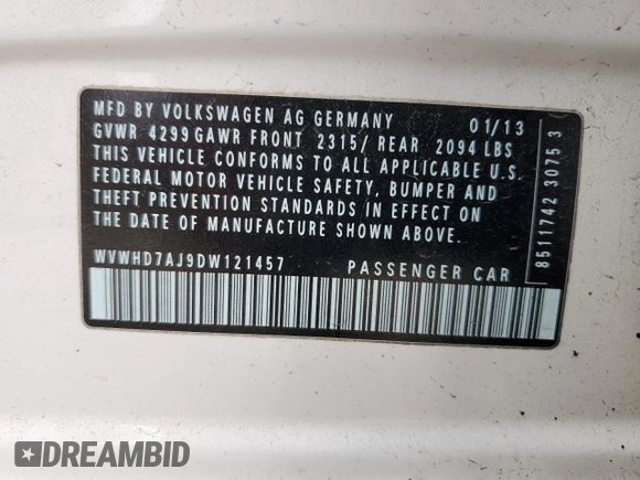 2013 Volkswagen GTI Autobahn с VIN WVWHD7AJ9DW121457, выставлен на аукционе Copart как лот 49073165 с пробегом 156 243 миль миль и Списание • Salvage title. История ставок и продаж доступна на DreamBid. Изображение 13.