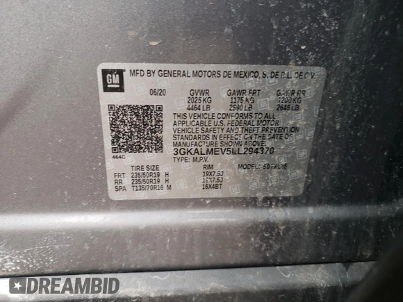 2020 GMC Terrain SLE with VIN 3GKALMEV5LL294370, listed as a Copart auction lot 49858995 with 61,264 mi miles and Salvage Title. Bid and sale history available at DreamBid. Image 15.
