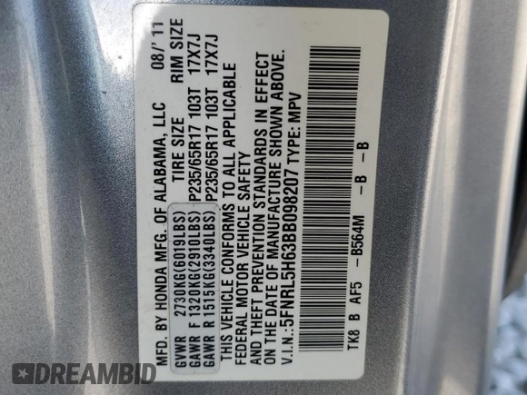 2011 Honda Odyssey EX-L with VIN 5FNRL5H63BB098207, listed as a Copart auction lot 75200284 with 191,504 mi miles and Salvage Title. Bid and sale history available at DreamBid. Image 13.