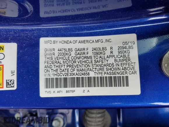 2019 Honda Accord Sport with VIN 1HGCV2E30KA024858, listed as a Copart auction lot 45764745 with 75,895 mi miles and Salvage title. Bid and sale history available at DreamBid. Image 14.