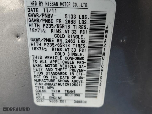 2012 Nissan Murano SL with VIN JN8AZ1MU1CW105911, listed as a Copart auction lot 46914855 with 138,596 mi miles and Salvage Title. Bid and sale history available at carsss.com. Image 15.