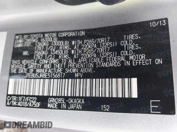 2014 Toyota 4Runner Limited with VIN JTEBU5JR8E5156817, listed as a IAAI auction lot 40787985 with Not Provided miles and . Bid and sale history available at DreamBid. Image 9.