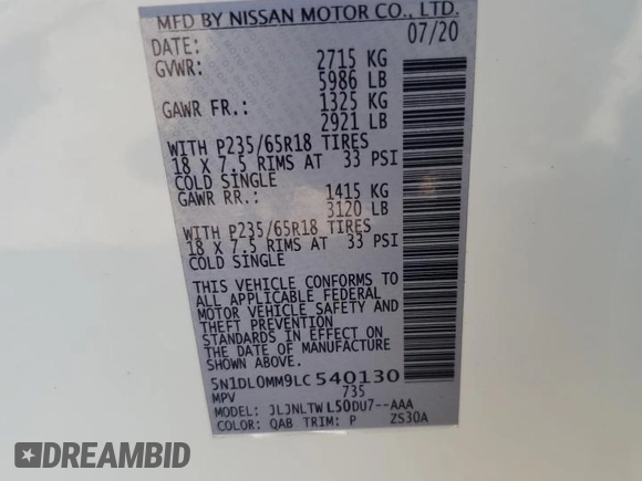 2020 Infiniti QX60 Luxe with VIN 5N1DL0MM9LC540130, listed as a Copart auction lot 62418605 with 62,913 mi miles and Salvage title. Bid and sale history available at DreamBid. Image 13.