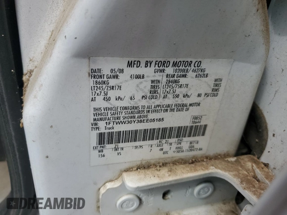 2008 Ford F-350 XL with VIN 1FTWW30Y38EE05185, listed as a Copart auction lot 65354385 with 44,148 mi miles and Salvage title. Bid and sale history available at DreamBid. Image 12.
